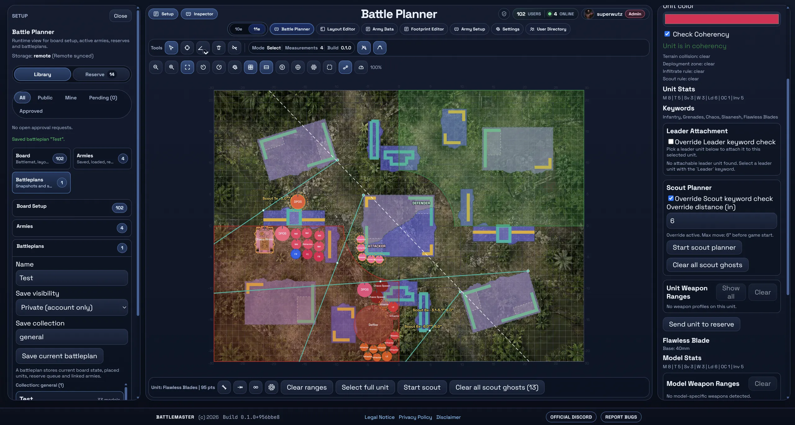 The Battle Planner workspace on a Chapter Approved jungle board: two deployed armies, scout move ghosts, threat lanes and the model inspector reporting coherency
