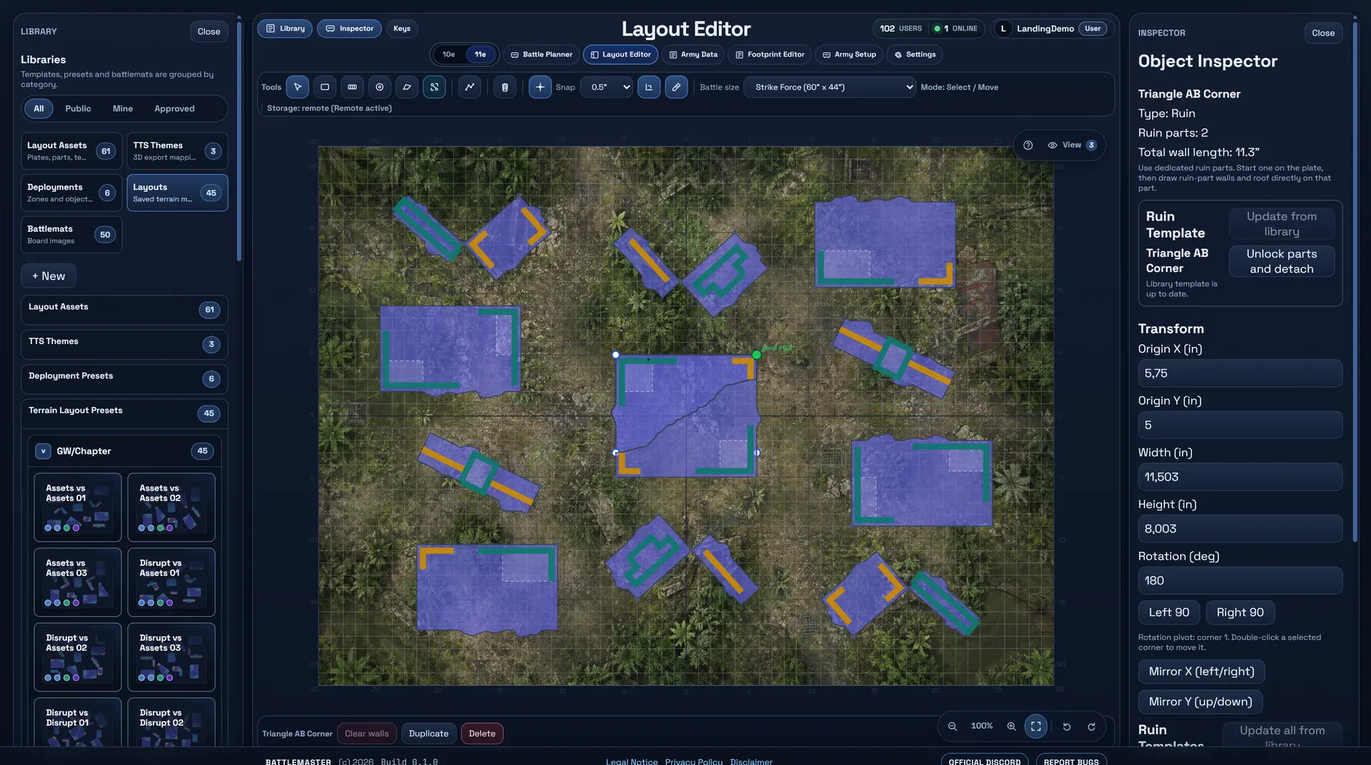 Layout Editor with the Take vs Recon 02 tournament layout on a jungle battlemat, the 45 Chapter Approved presets in the library and a selected ruin in the object inspector